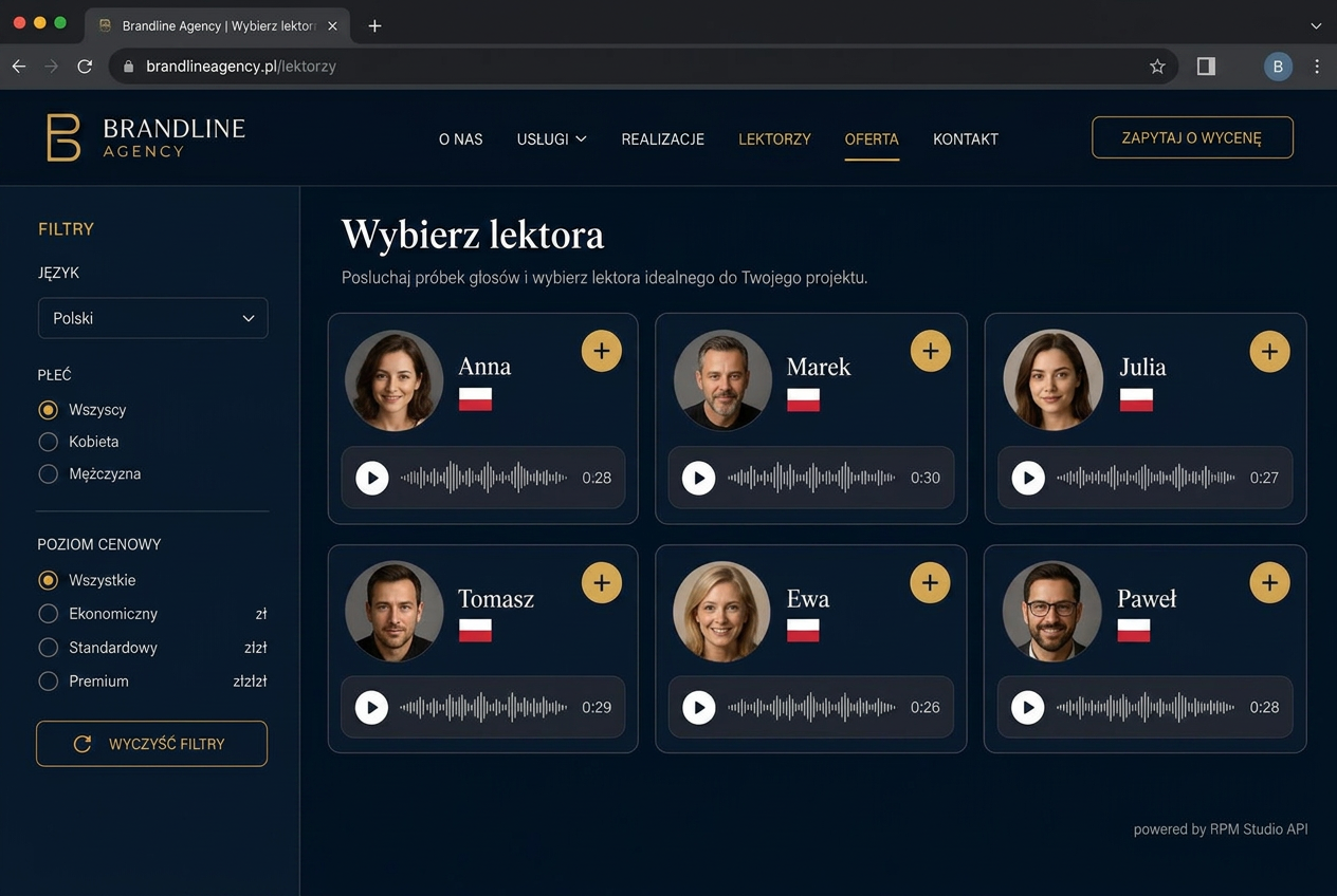 Przykładowa strona agencji reklamowej z listą lektorów RPM Studio, filtrami języka i płci oraz odtwarzaczem próbek audio